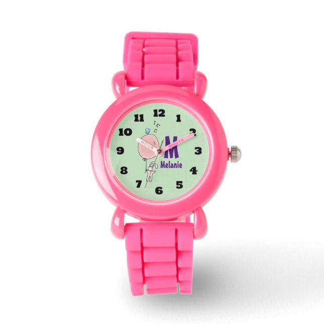 Floating Bunny Holding a Balloon Monogram Watch (Front)