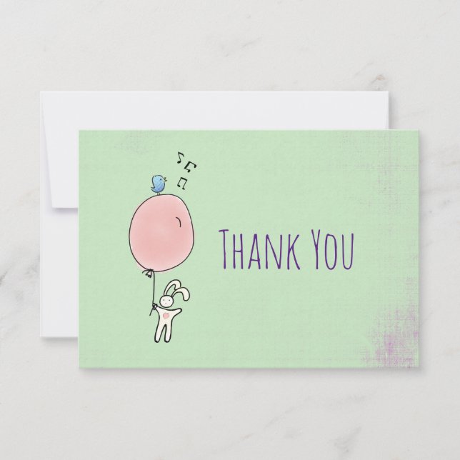 Floating Bunny Holding a Balloon Thank You Card (Front)