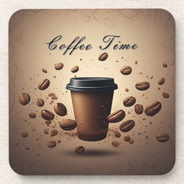 Floating Coffee Cup With Coffee Beans Beverage Coaster (Front)