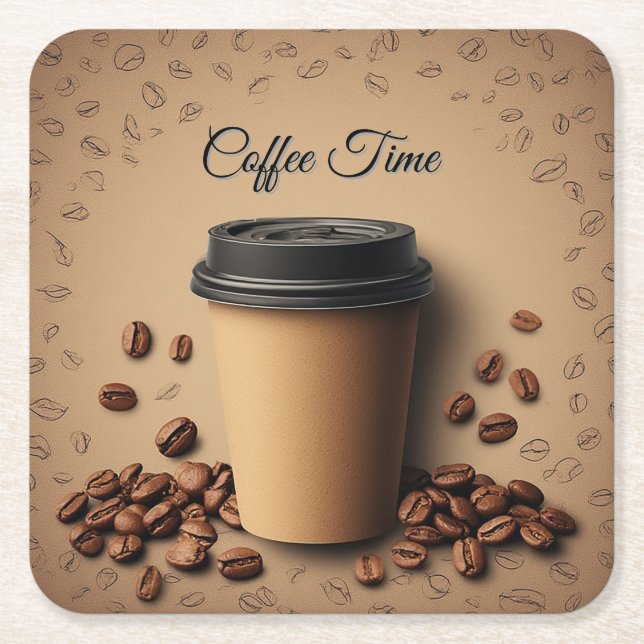 Floating Coffee Cup With Coffee Beans Square Paper Coaster (Front)