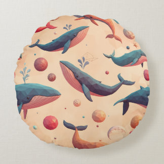 Floating Cosmic Whales Round Pillow