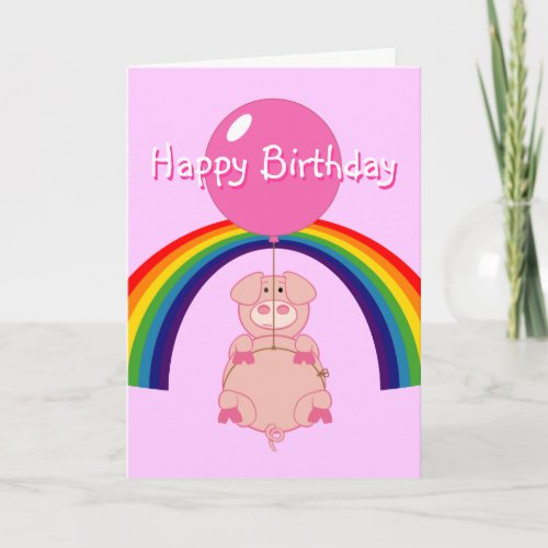 floating flying pig over the rainbow birthday card