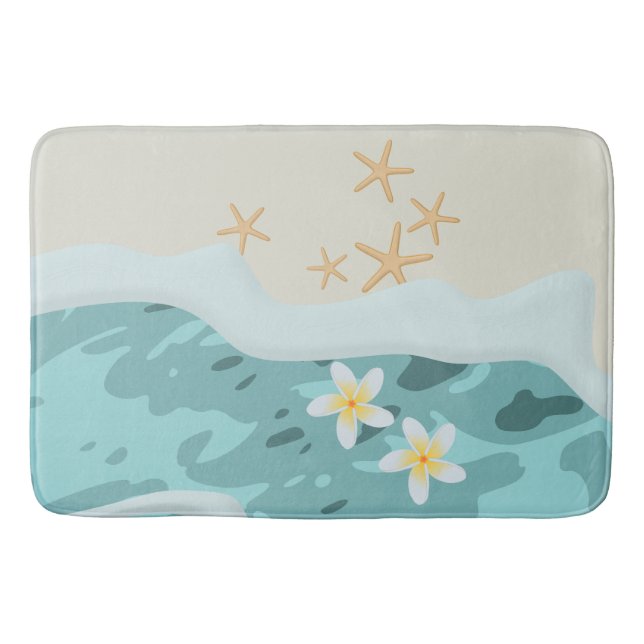 Floating Frangipanis on Beach Wave Meet Starfishes Bath Mat (Front)