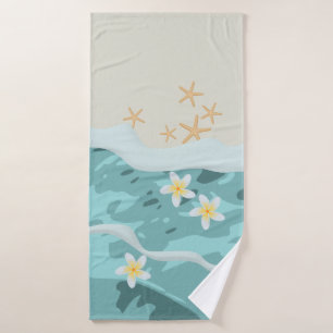 Floating Frangipanis on Beach Wave Meet Starfishes Bath Towel