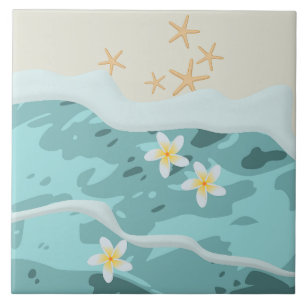 Floating Frangipanis on Beach Wave Meet Starfishes Ceramic Tile