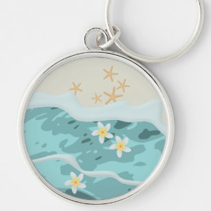 Floating Frangipanis on Beach Wave Meet Starfishes Keychain