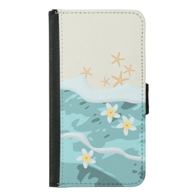 Floating Frangipanis on Beach Wave Meet Starfishes Samsung Galaxy Wallet Case (Front)