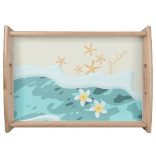 Floating Frangipanis on Beach Wave Starfishes Name Serving Tray