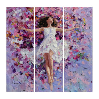 Floating Girl Above Petal Letter River Abstract Po Triptych