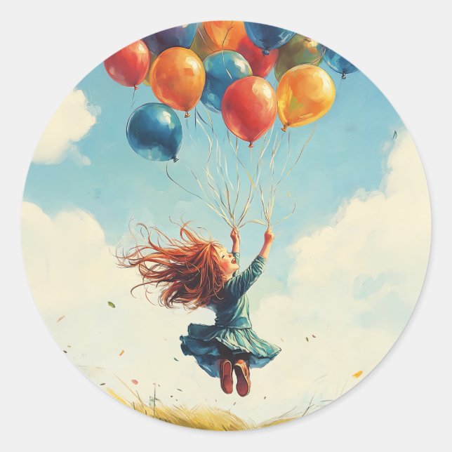 Floating Girl with Balloons Classic Round Sticker (Front)