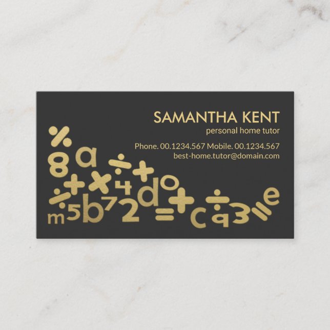 Floating Gold Math Symbols Alphabets Home Tutor Business Card (Front)