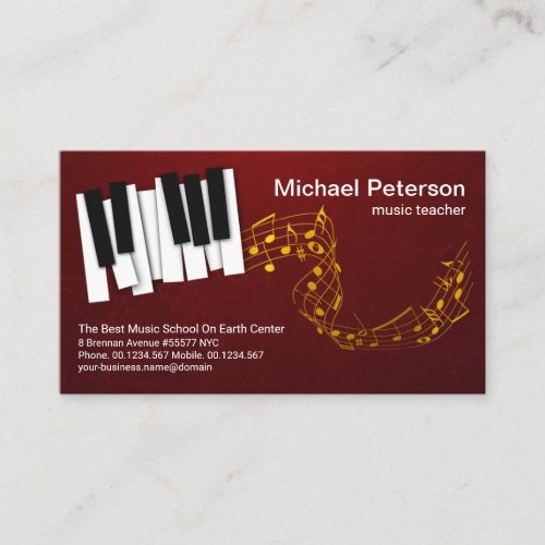 Floating Gold Music Notes Piano Keys Music Teacher Business Card