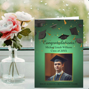Floating Graduations Caps Confetti Photo on Green Card