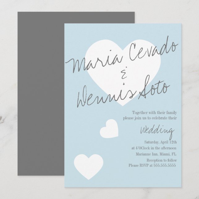 Floating Heart Lettering Script Wedding Blue Gray Invitation (Front/Back)