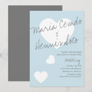 Floating Heart Lettering Script Wedding Blue Gray Invitation
