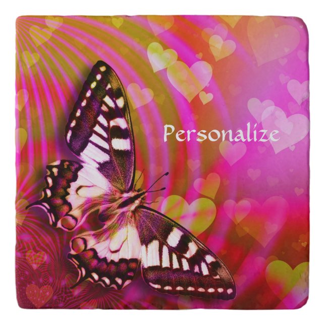 Floating Hearts & Butterfly Personalize Trivet (Front)