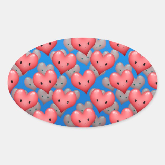 Floating Hearts on Blue Oval Sticker (Front)