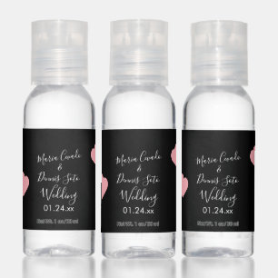 Floating Hearts Pink Black Script Wedding  Hand Sanitizer