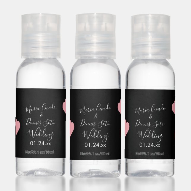 Floating Hearts Pink Black Script Wedding  Hand Sanitizer (Set)