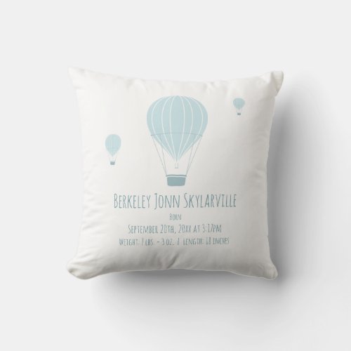 Floating Hot Air Balloons Blue White Baby Birth Throw Pillow