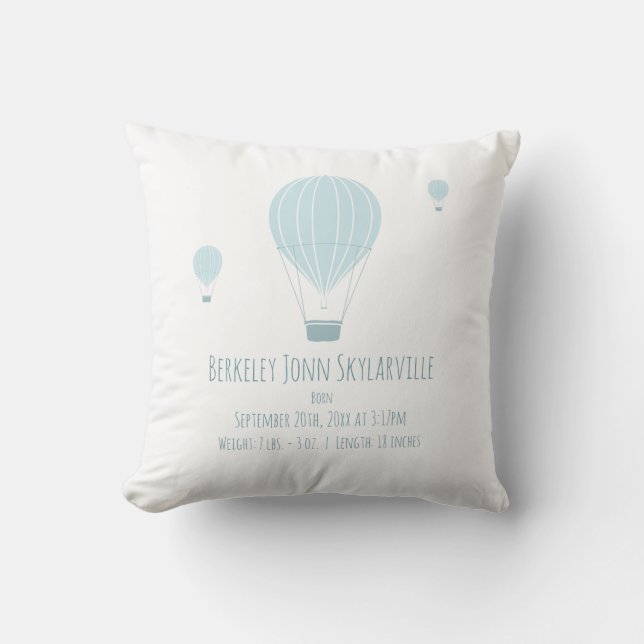 Floating Hot Air Balloons Blue White Baby Birth Throw Pillow (Front)
