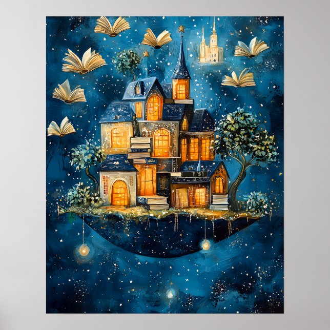 Floating House of Books Fantasy Art Poster (Front)