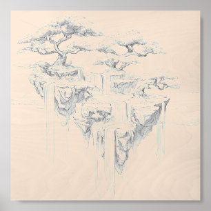 Floating Island Waterfall Black Ink Landscape Wood Photo Tile