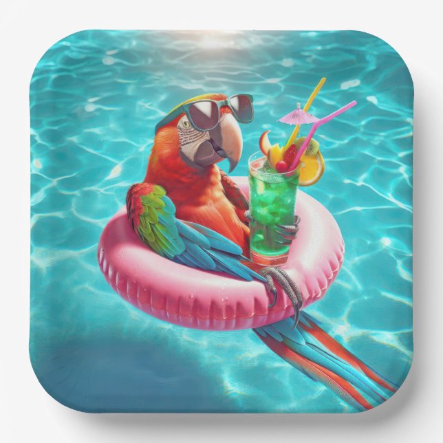 Floating Macaw In a Pool Paper Plates (Front)