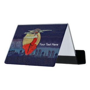 Floating Magical Lady Red Dress Moon City Skyline Desk Business Card Holder