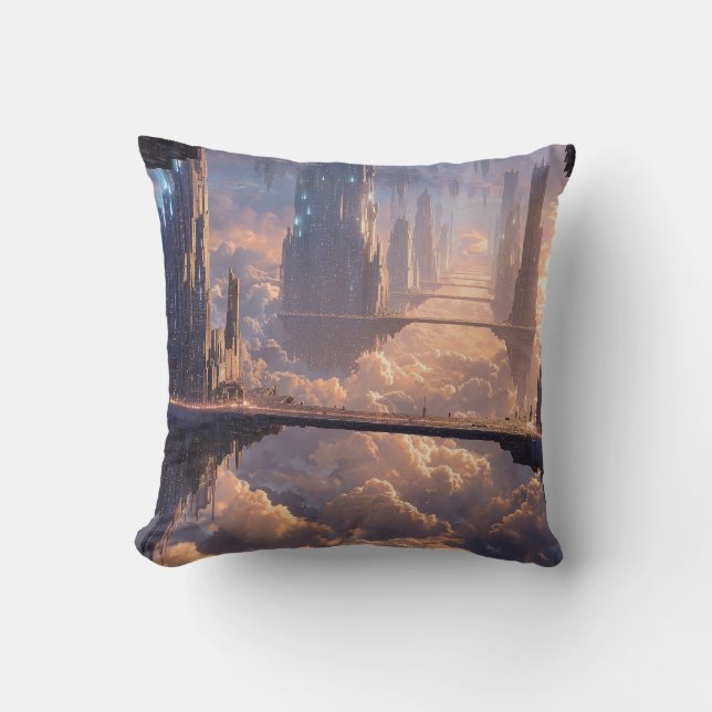 Floating Metropolis in the Clouds Throw Pillow (Front)