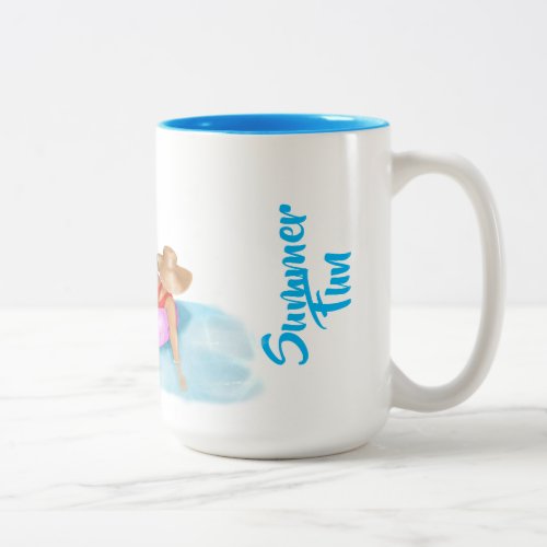 floating on a hot pink flamingo in pool Two_Tone c Two_Tone Coffee Mug