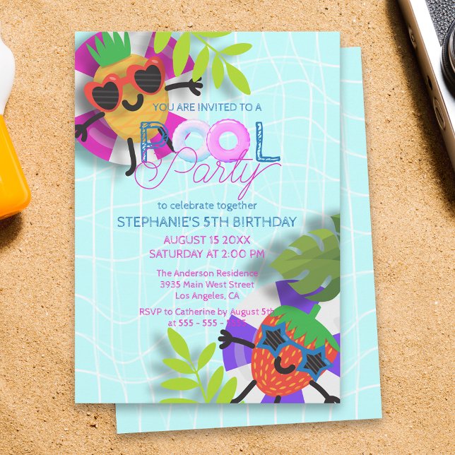 Floating Pineapple and Strawberry Pool Party Invitation (Creator Uploaded)