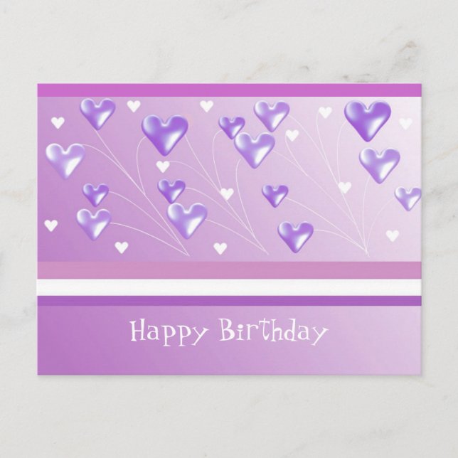 Floating Purple Hearts Birthday Greeting Postcard (Front)