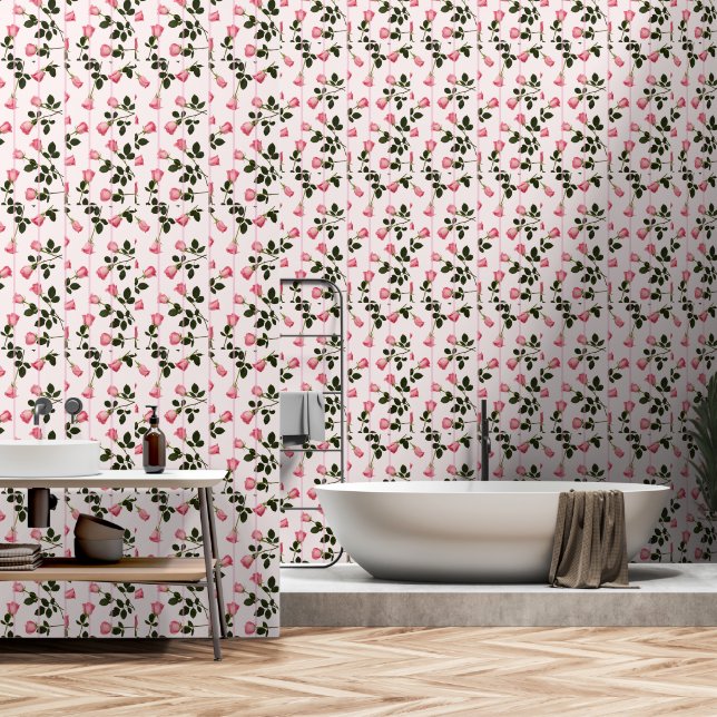 Floating Roses with Pink Stripes Wallpaper (Bathroom)