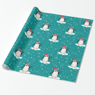Floating Santa Penguin Wrapping Paper