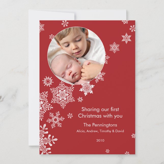 Floating Snowflakes First Christmas Holiday Photo (Front)