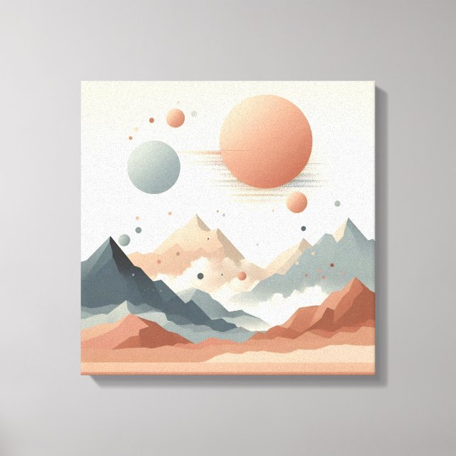 Floating Surreal Mountains with Glowing Solar Orbs Canvas Print (Front)
