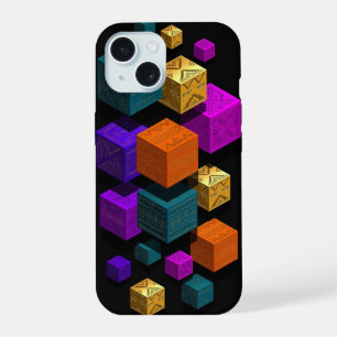 Floating Tribal Cubes - 3D Isometric Gold Teal iPhone 15 Case