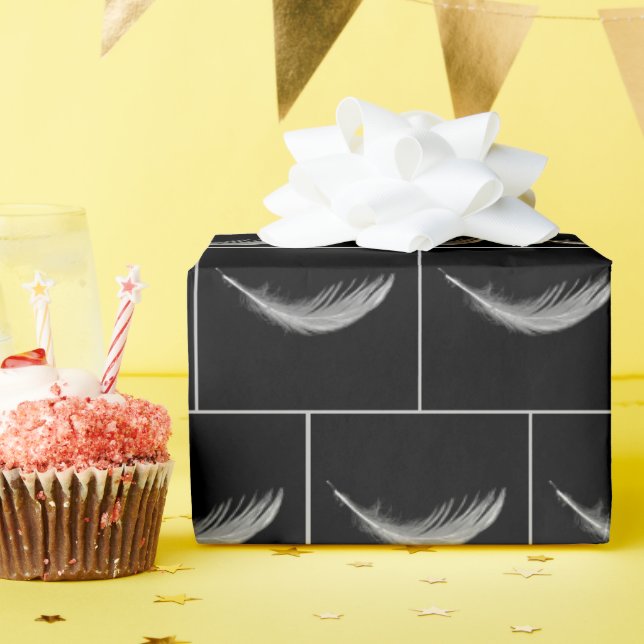 Floating White Feather On Black Wrapping Paper (Birthday Party)