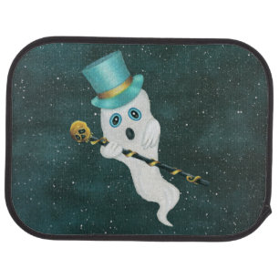 Floating White Ghost Night Sky Top Hat Skull Cane Car Floor Mat