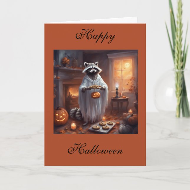 Floaty Ghost Raccoon Halloween greeting card (Front)