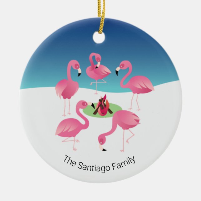 Flock Around The Campfire Pink Flamingos Holiday Ceramic Ornament (Front)