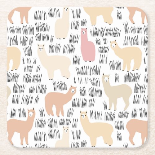 Flock Of Alpacas Pattern Square Paper Coaster