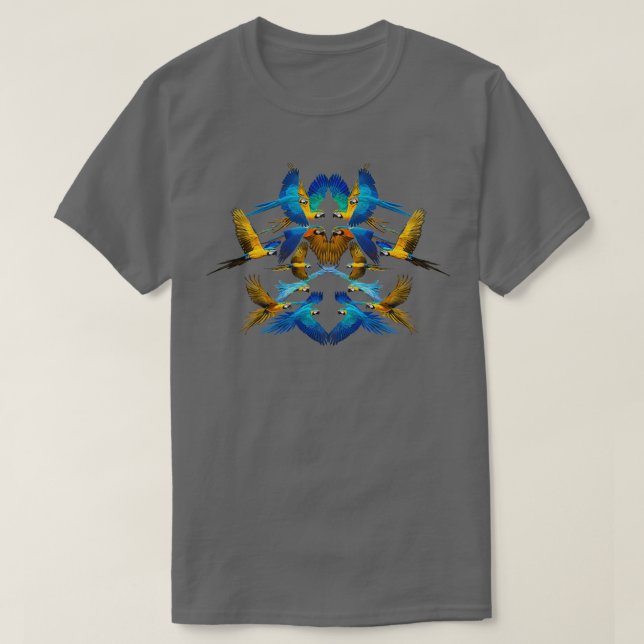 Flock of Blue and Gold Macaws with Black Backgroun T-Shirt (Design Front)