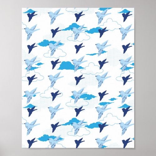 Flock of Blue Birds Pattern Poster