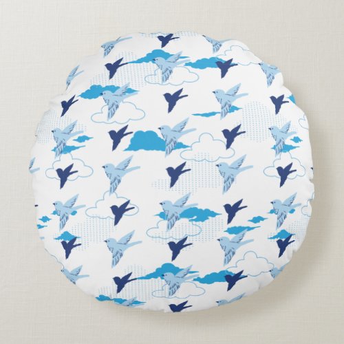 Flock of Blue Birds Pattern Round Pillow