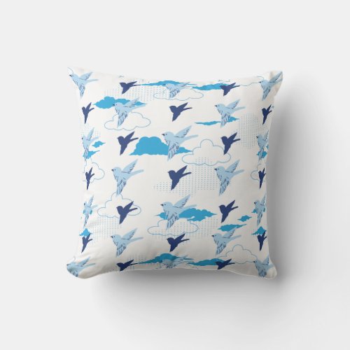 Flock of Blue Birds Pattern Throw Pillow