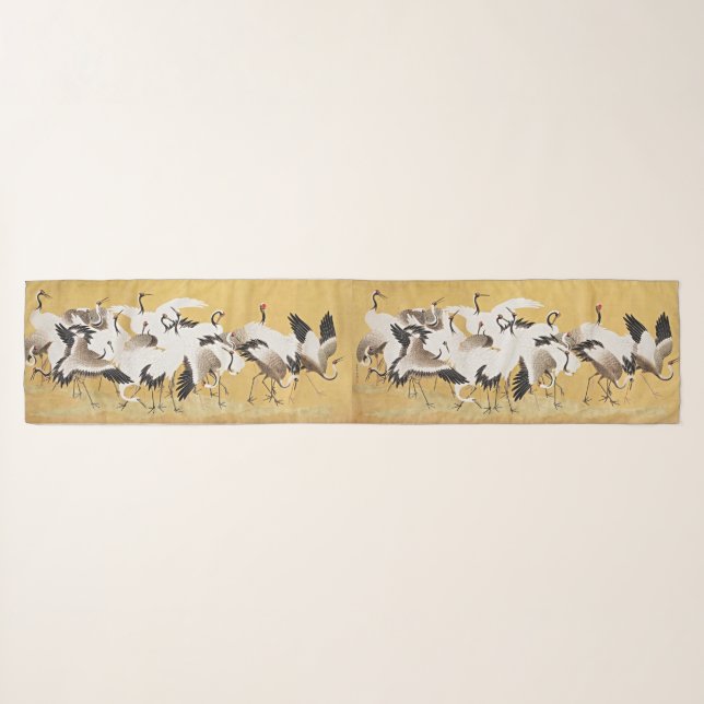 Flock of Cranes Luxury Japanese Silk Scarf (Front (Horizontal))