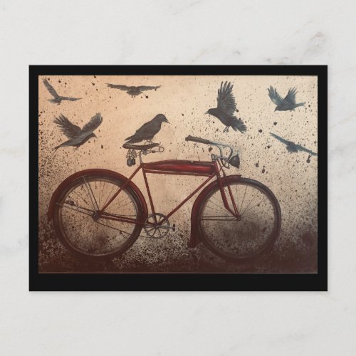 Flock of crows on a vintage red bike postcard