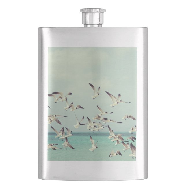 Flock of Flying Seagulls Over Ocean Flask (Front)